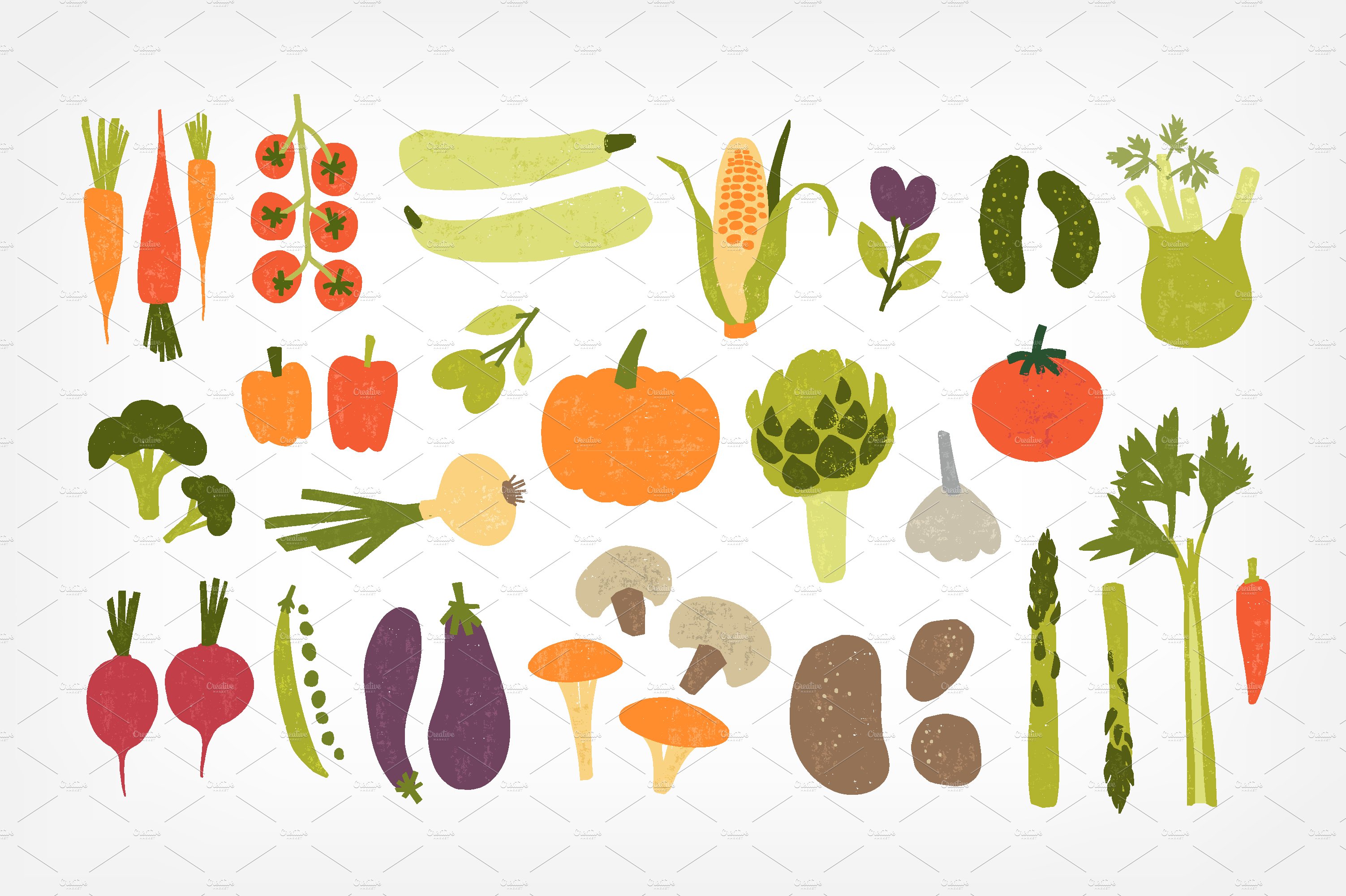 Vegetables set and seamless pattern preview image.