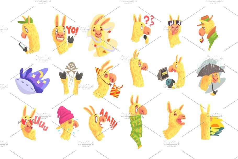 Funny alpaca characters posing in different situations, cartoon emoji alpac... cover image.
