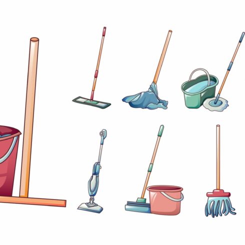 Mop icons set, cartoon style cover image.