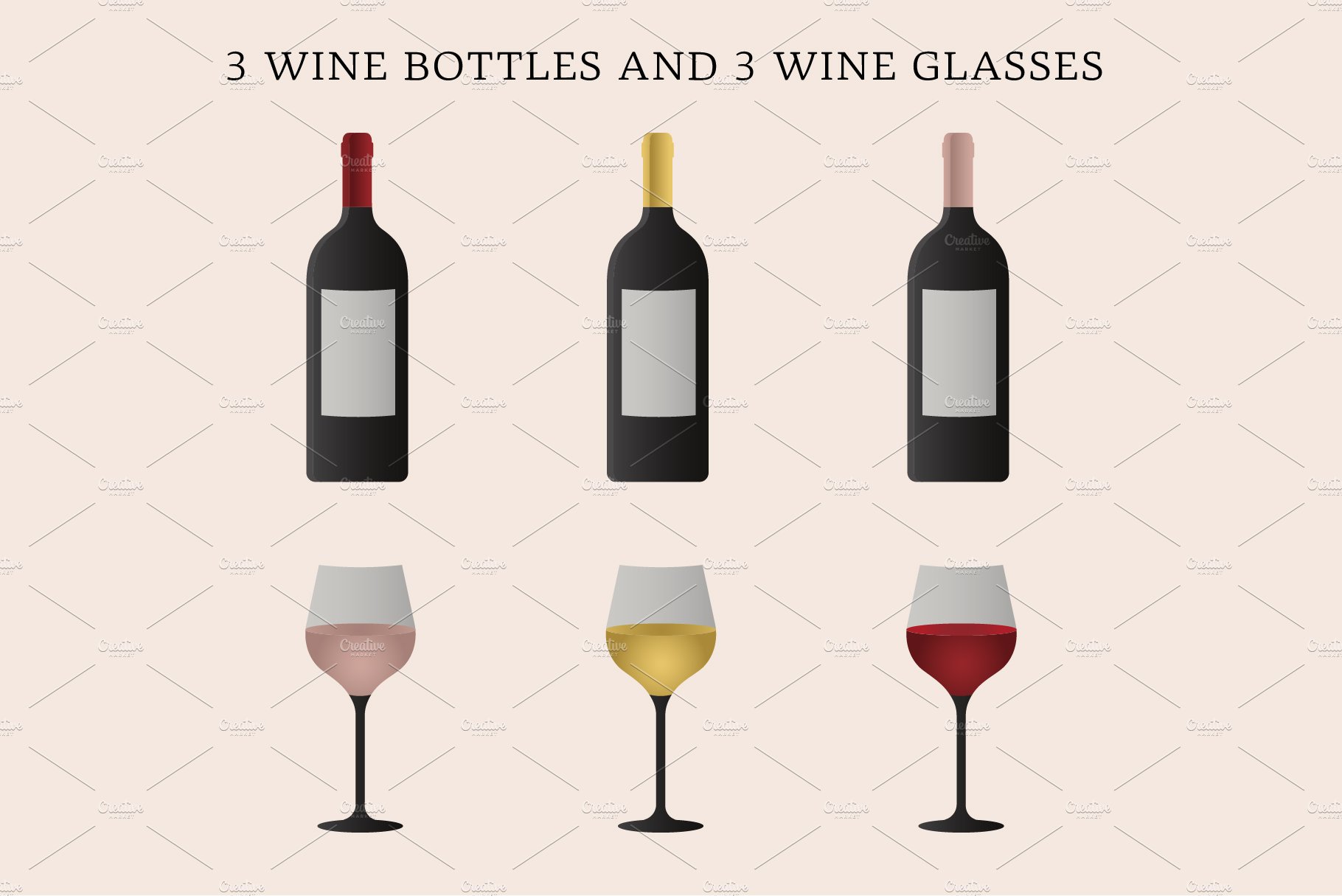 Set of wine bottles and glasses preview image.
