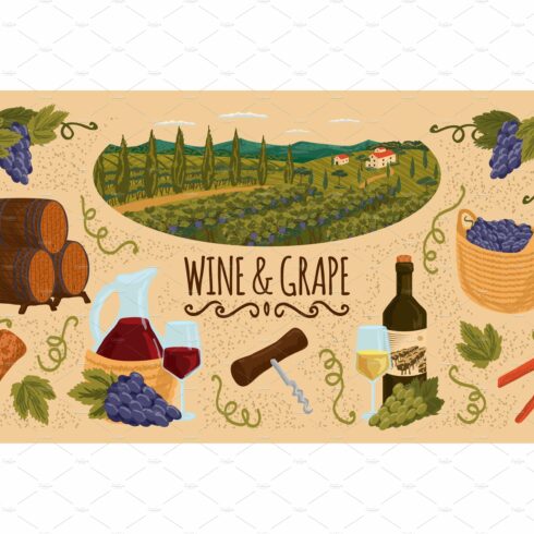 Winery vector set with vineyard cover image.