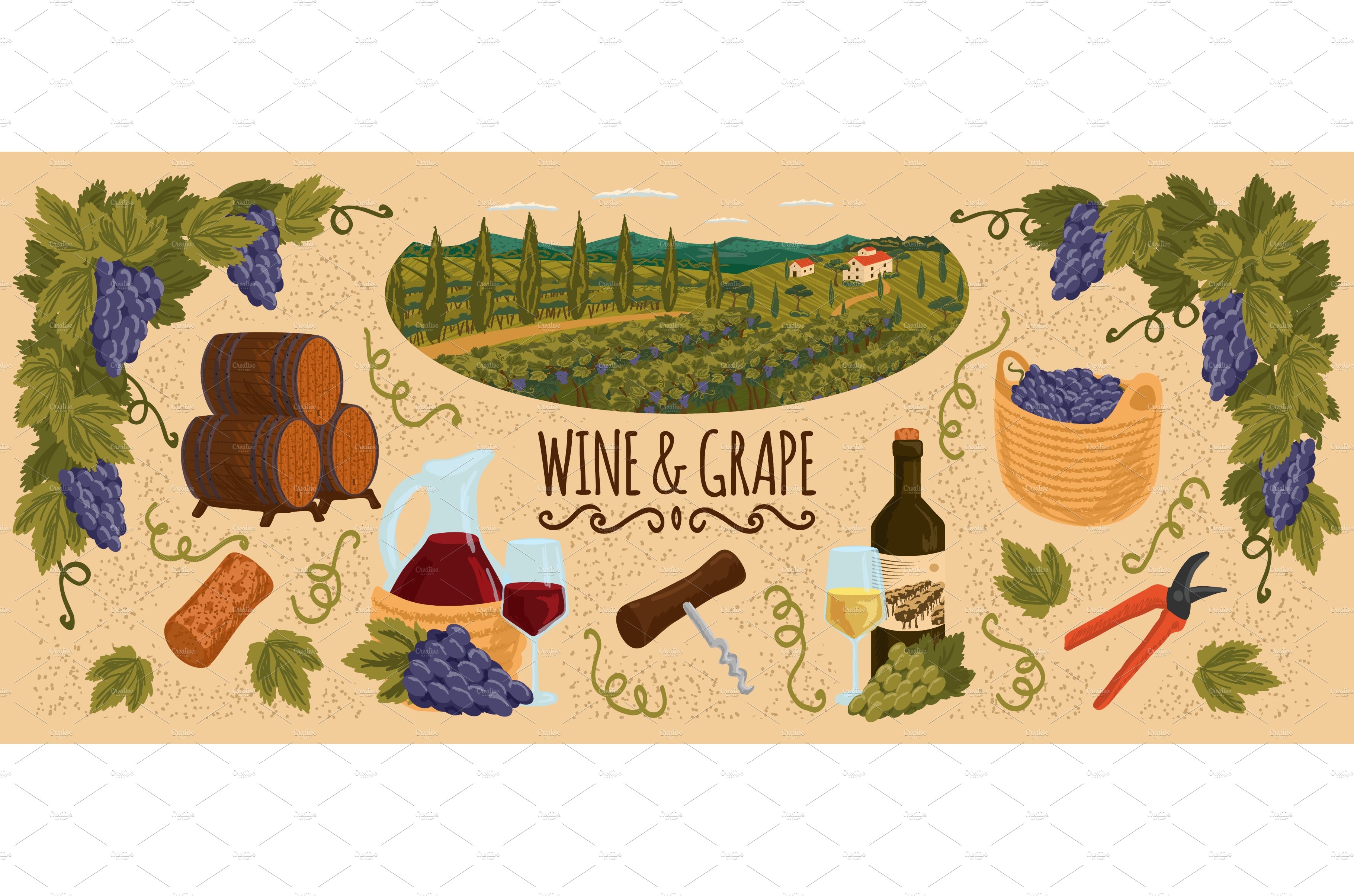 Winery vector set with vineyard cover image.