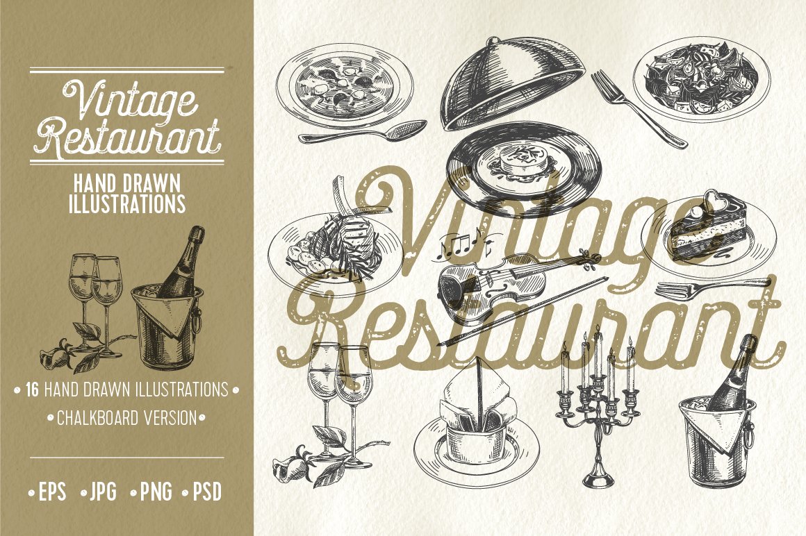 Vintage restaurant illustrations cover image.