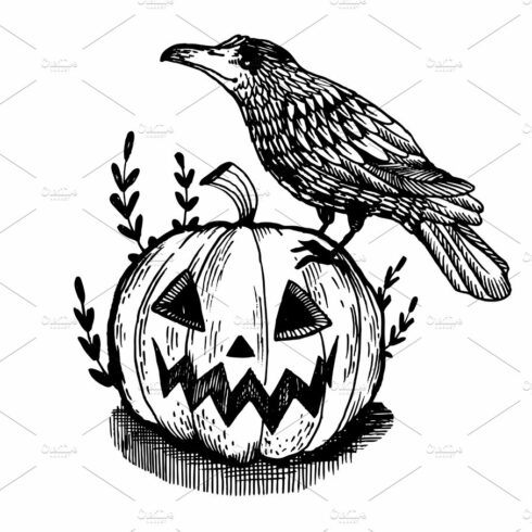 Crow and pumpkin engraving vector illustration cover image.