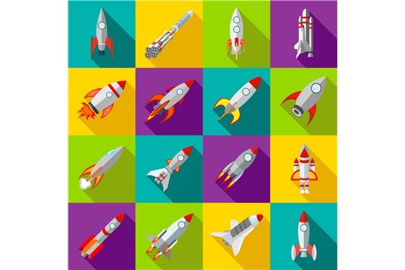 Space rocket icons set, flat style cover image.