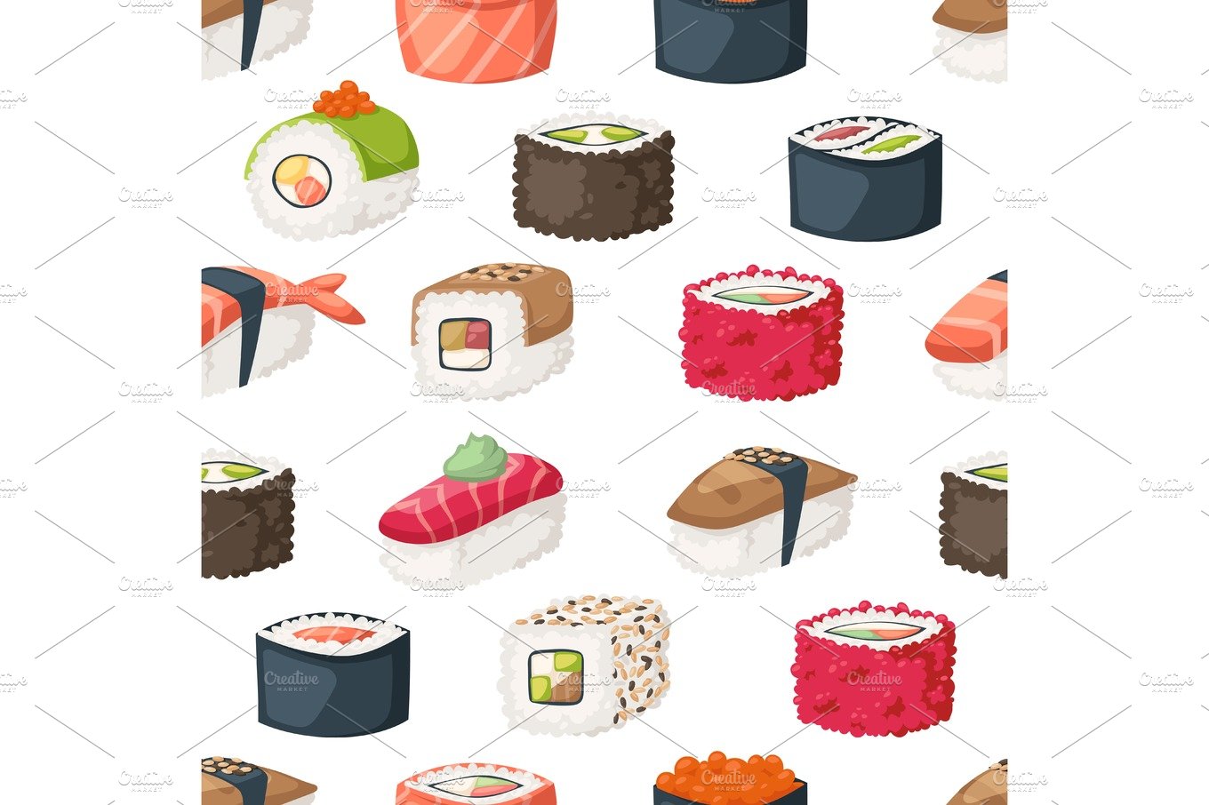 Sushi and rolls seamless pattern vector. cover image.