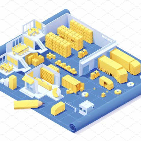 Vector isometric warehouse blueprint cover image.