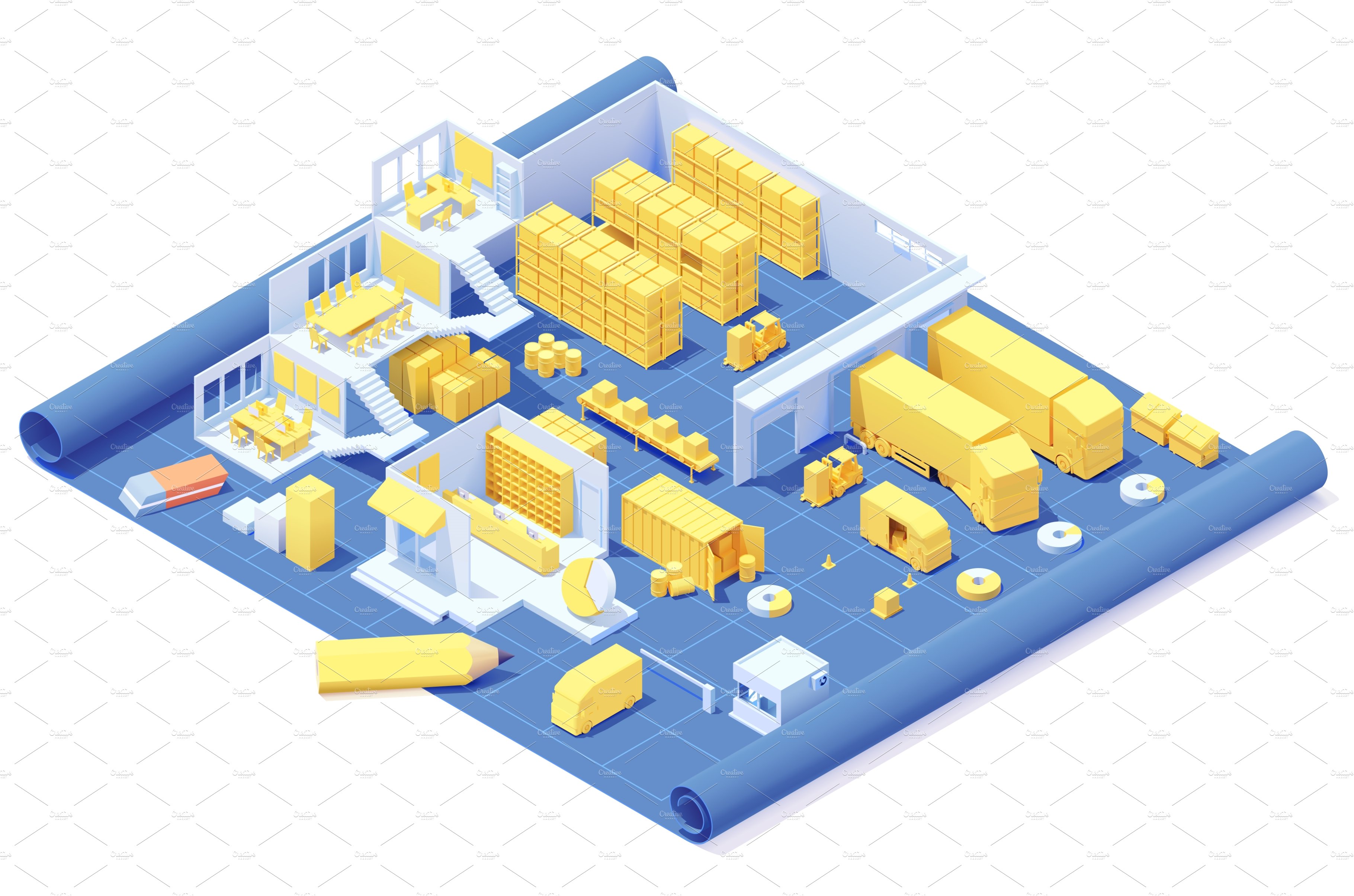 Vector isometric warehouse blueprint cover image.