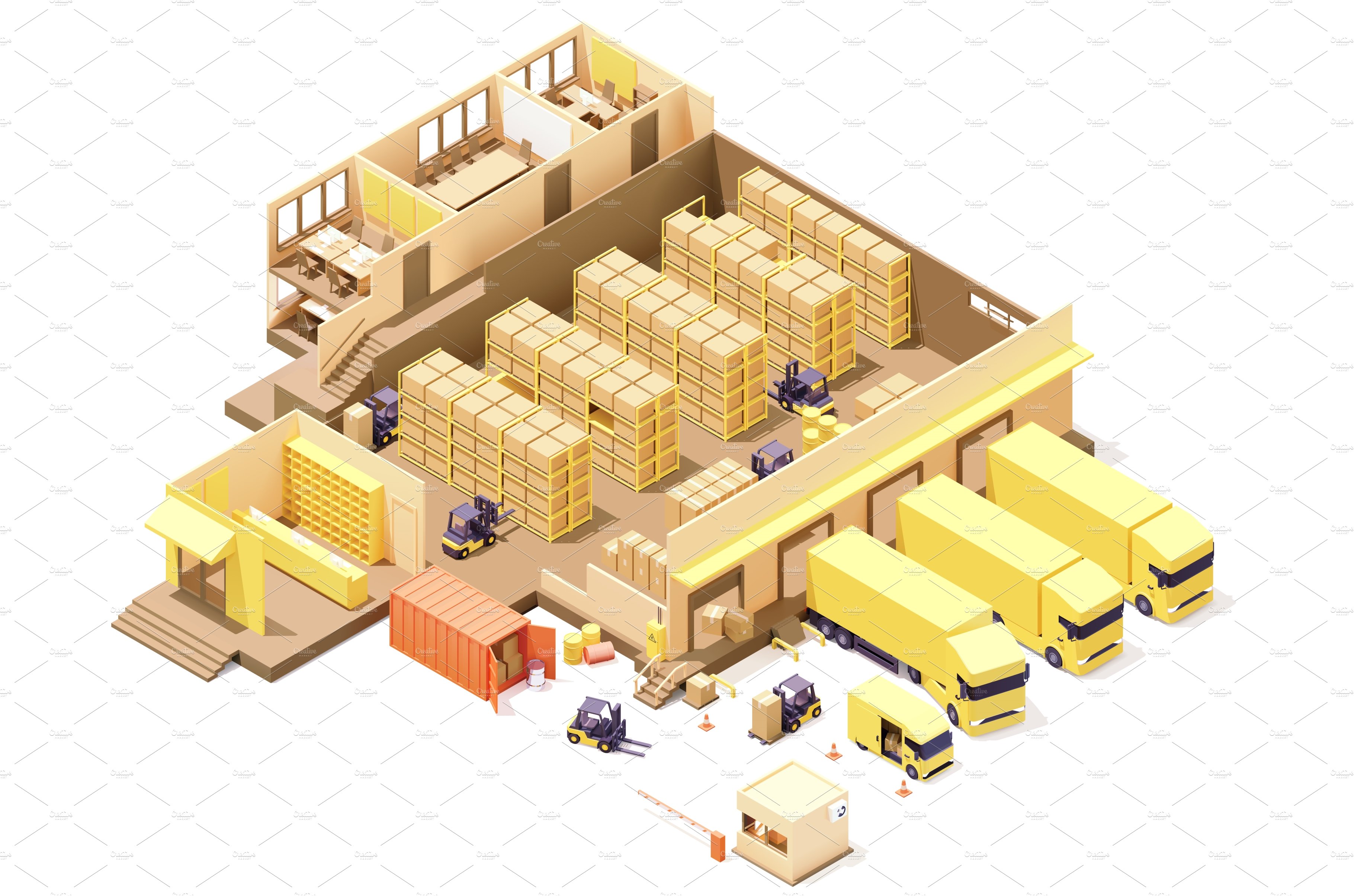Vector isometric warehouse building cover image.