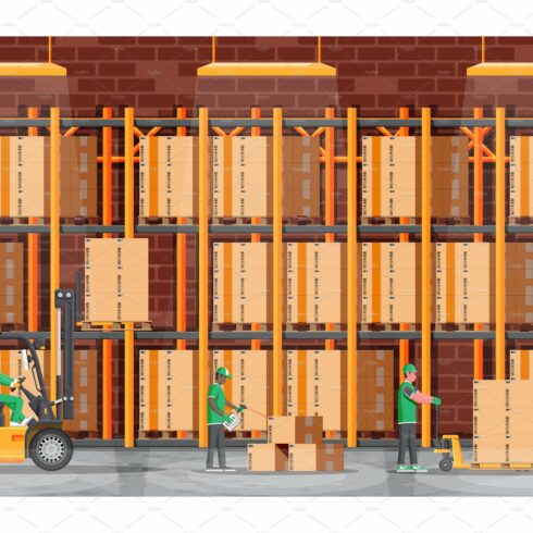 Warehouse shelves with boxes and cover image.