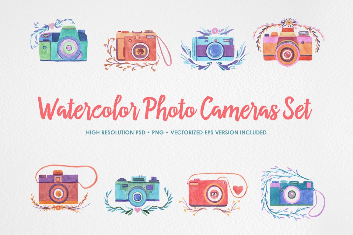 Watercolor Photo Cameras Set cover image.