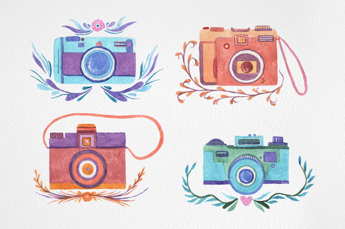 Watercolor Photo Cameras Set preview image.