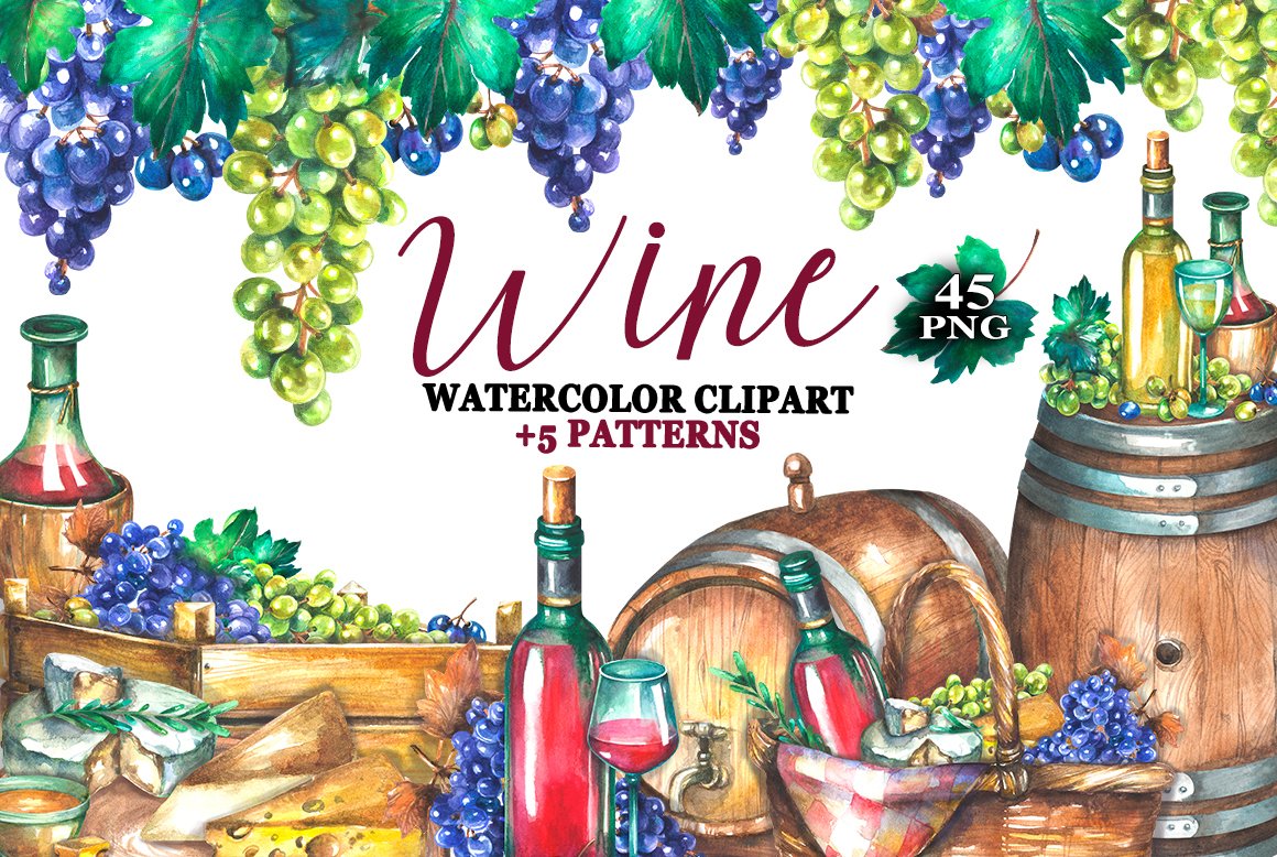 Watercolor Wine clipart cover image.