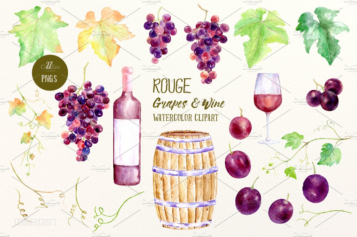 Watercolor Rouge Grapes and Wine preview image.