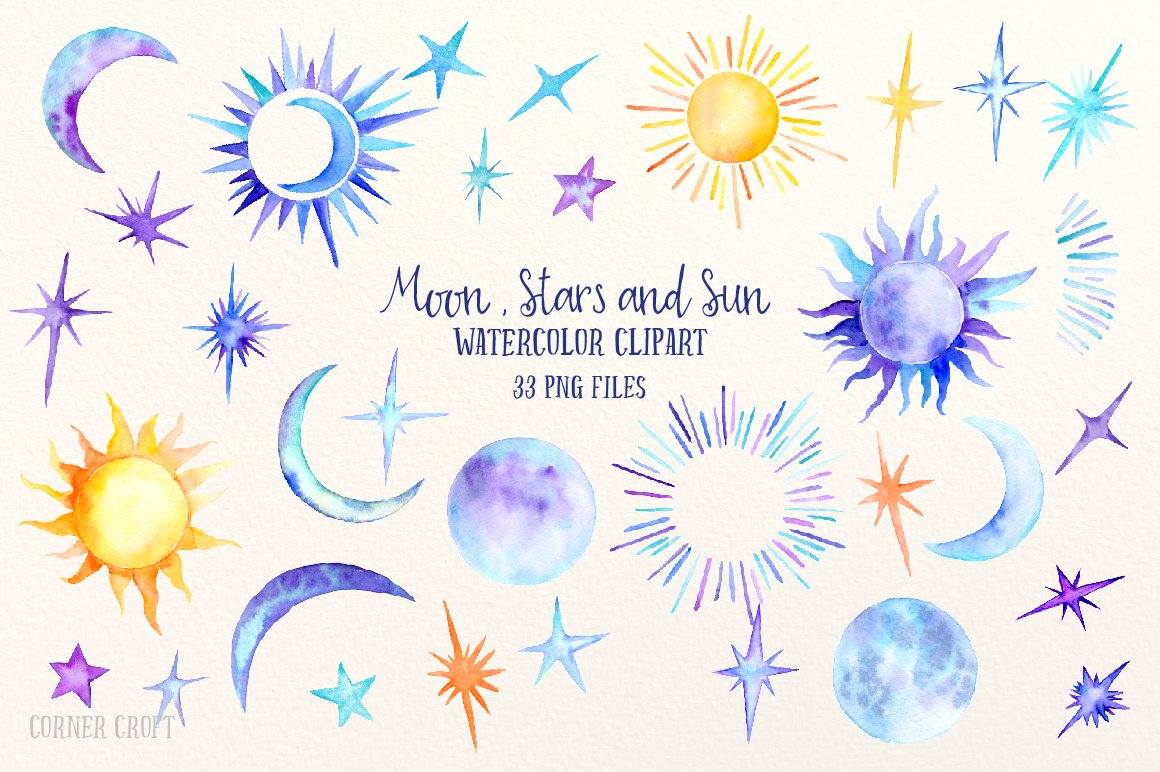 Watercolor Sun, moon and stars preview image.