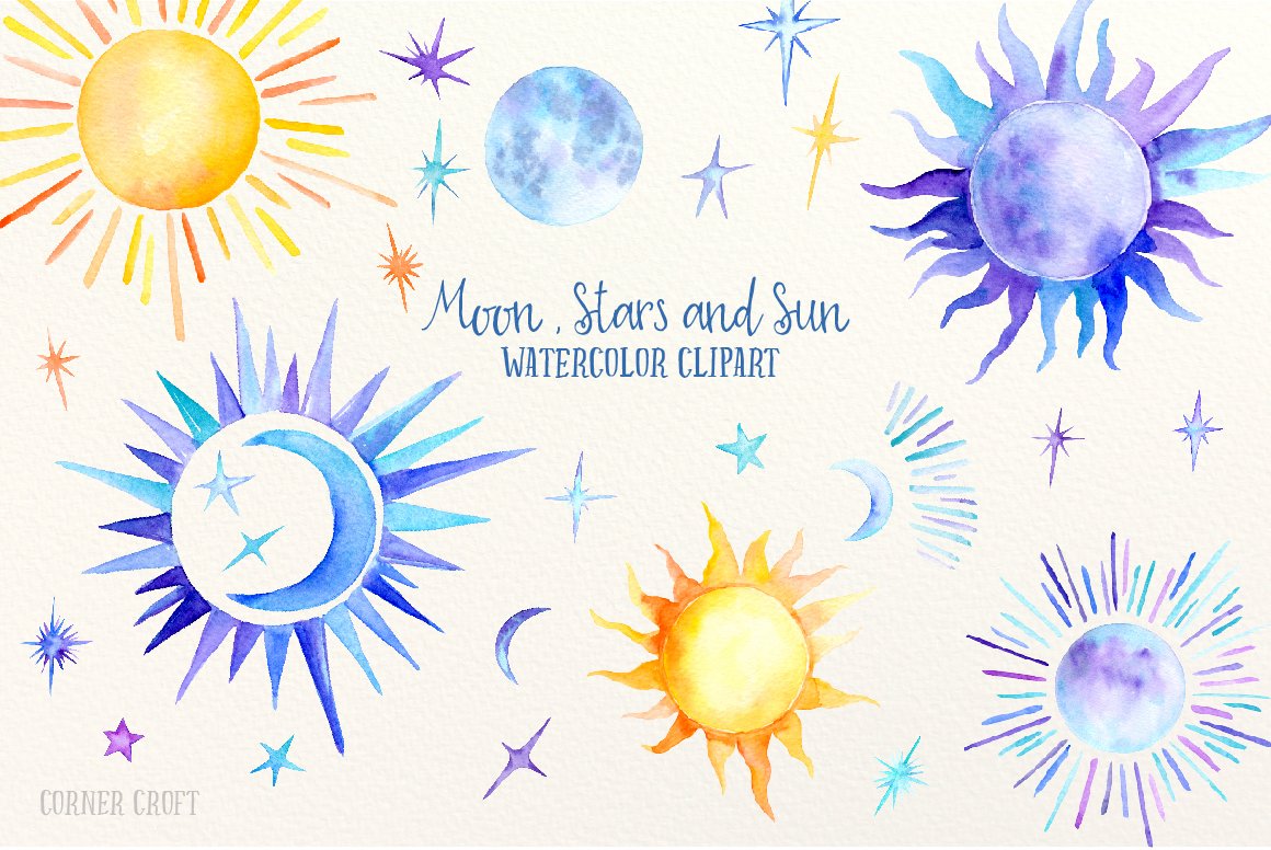 Watercolor Sun, moon and stars cover image.