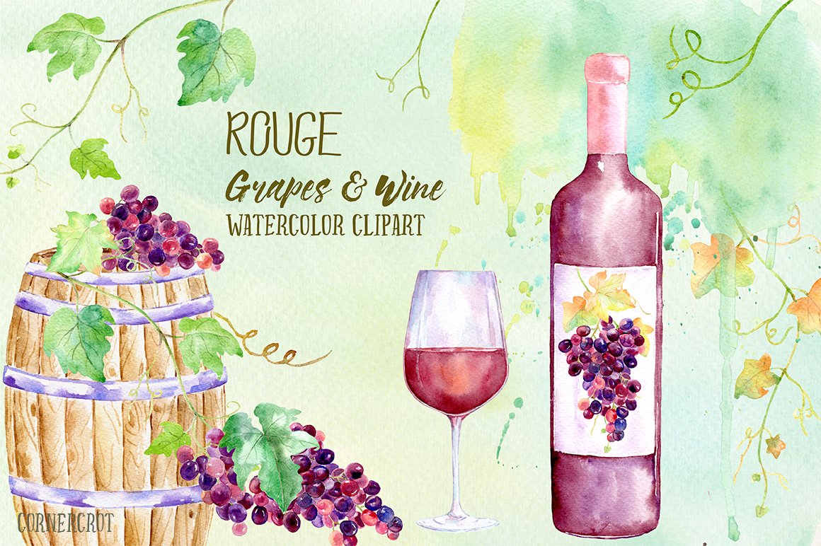 Watercolor Rouge Grapes and Wine cover image.