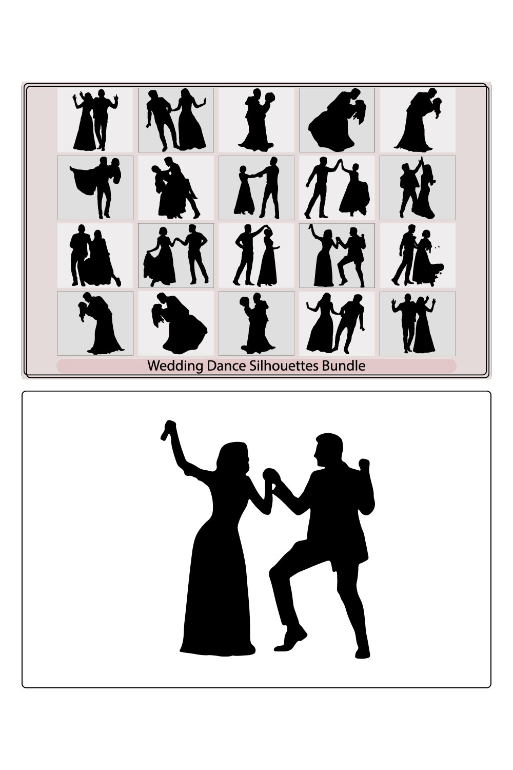Couple Wedding dancing silhouette,Male And Female Dancing silhouettes Collection,Bride and groom in wedding silhouettes illustration pinterest preview image.