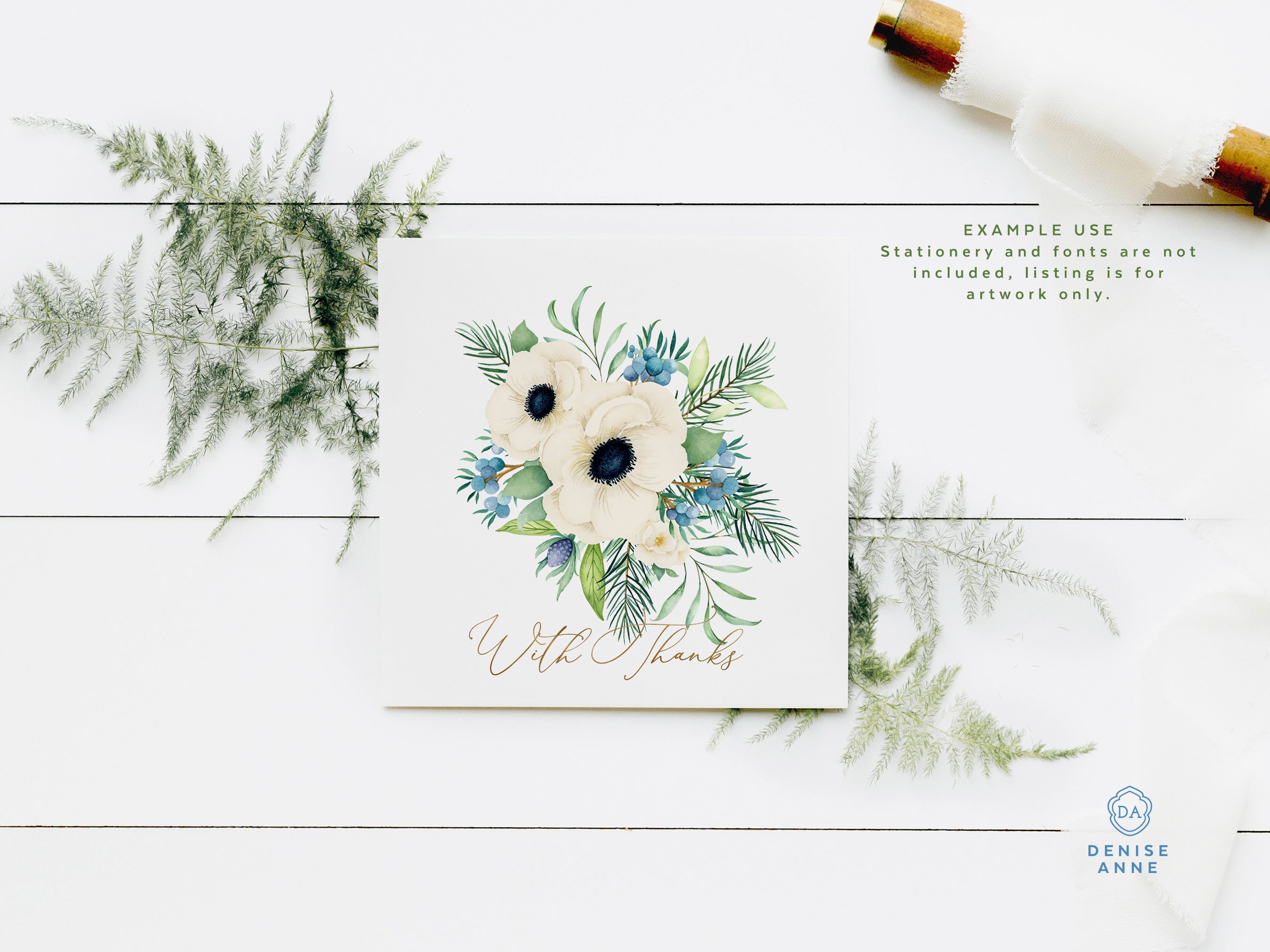 white anemone pine berry watercolor florals 4 290