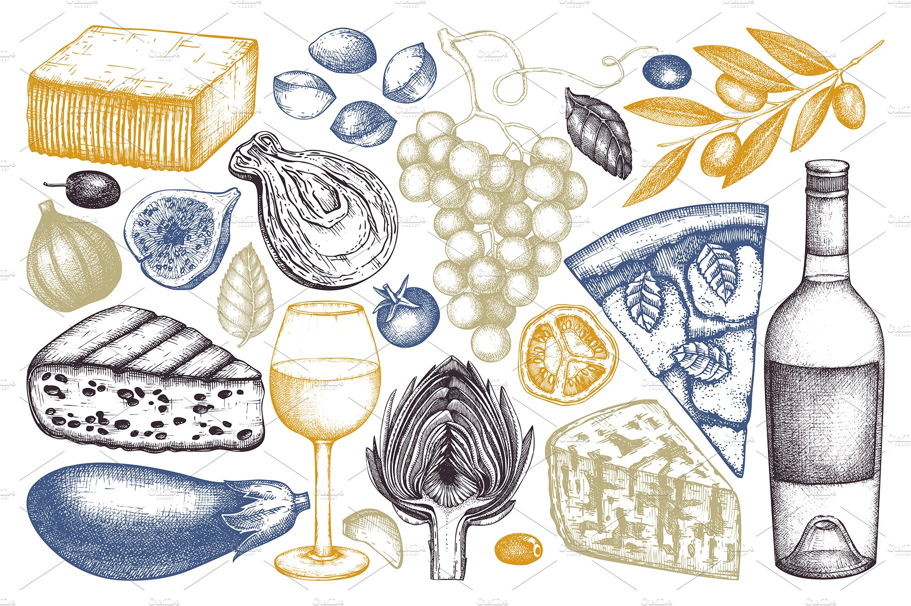 Cheese & Wine Vector Sketches preview image.