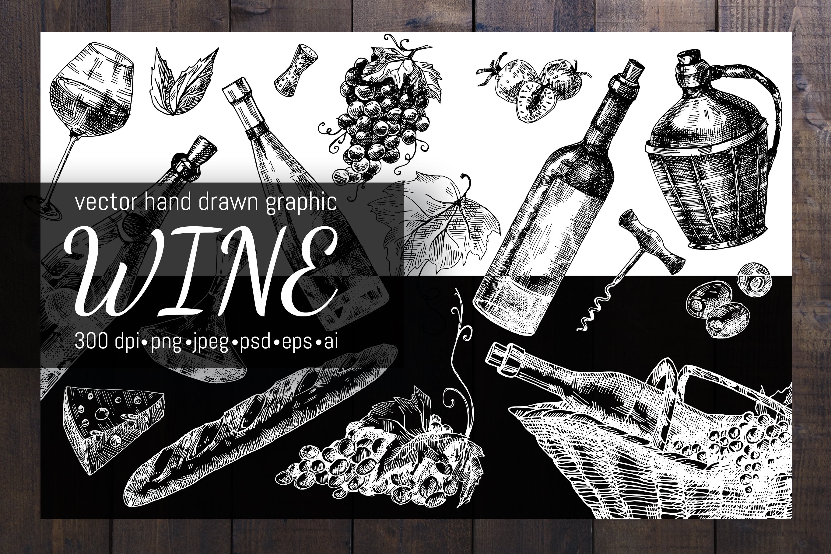 Hand drawn vector wine illustrations cover image.