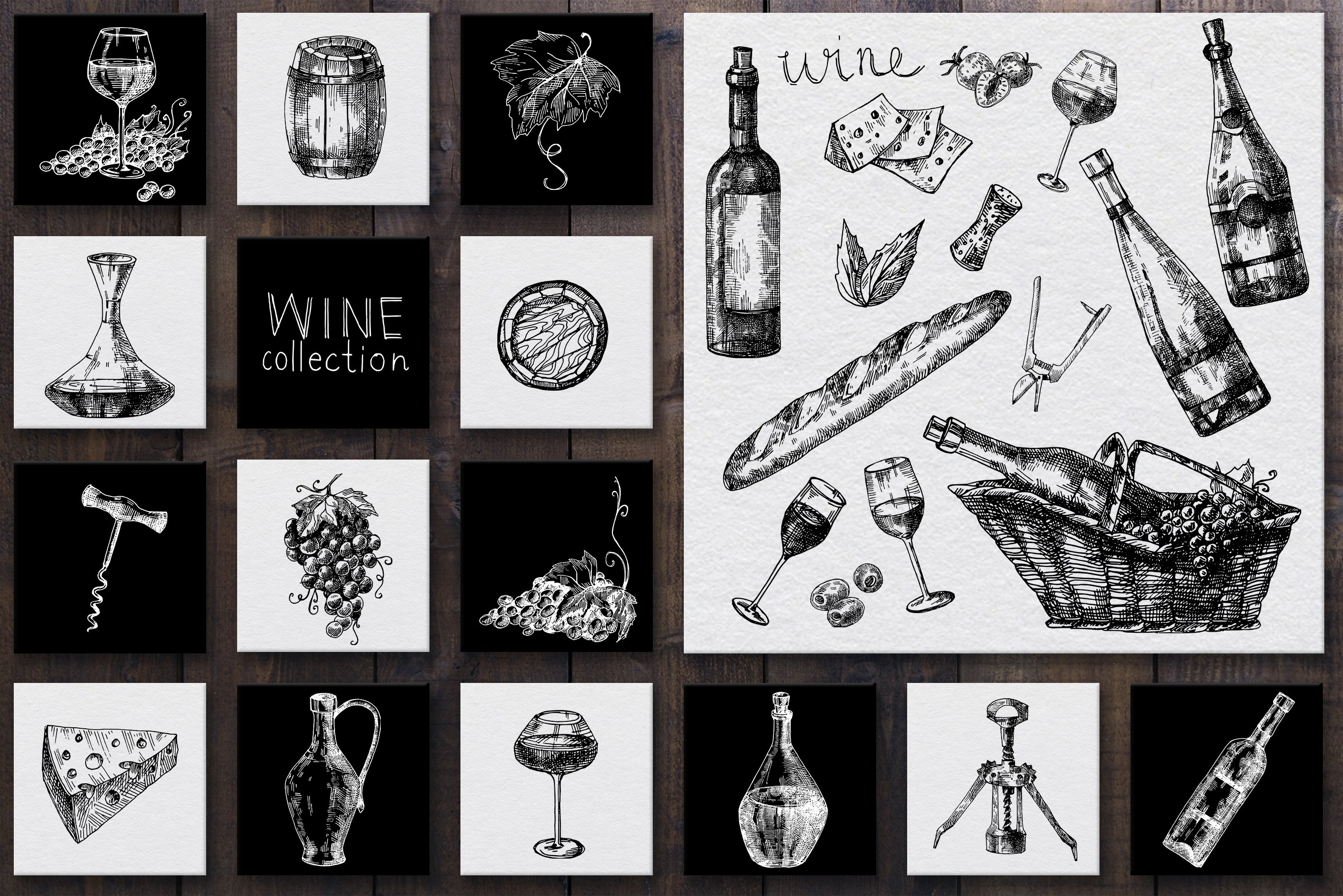 Hand drawn vector wine illustrations preview image.