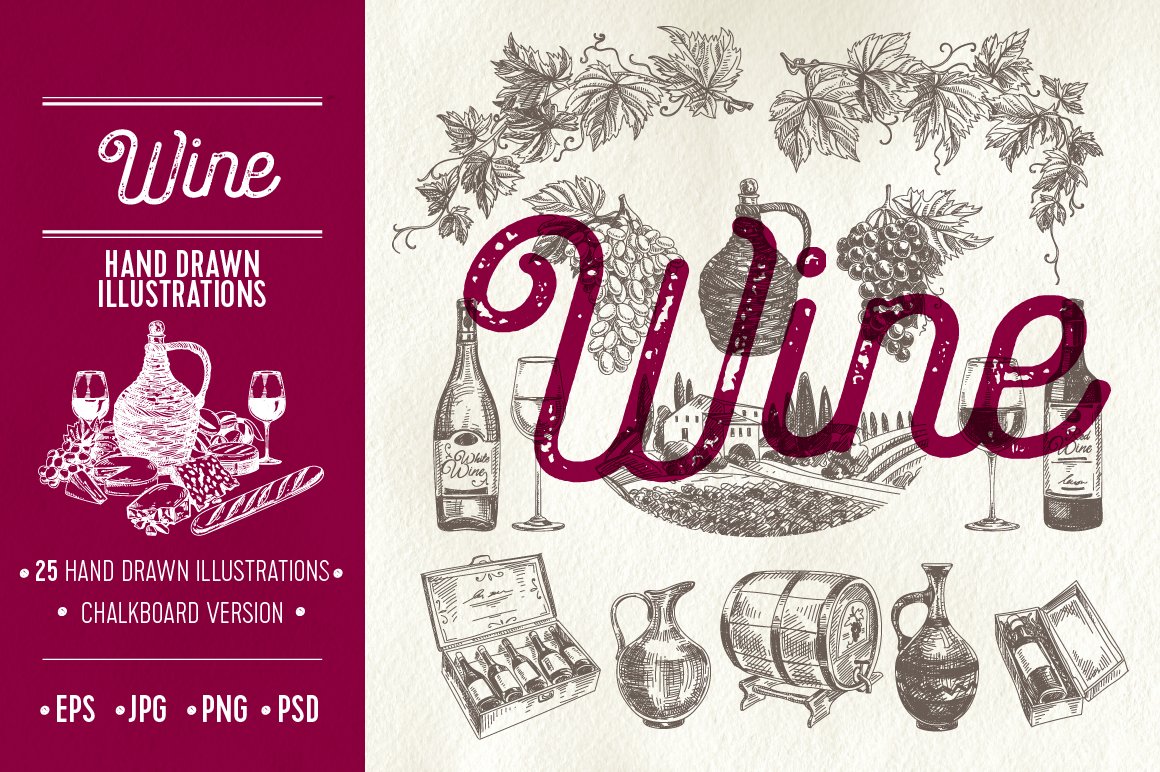 Hand drawn wine illustrations cover image.