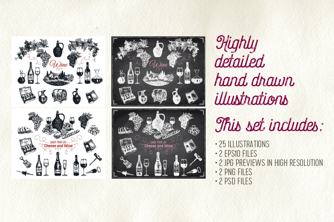 Hand drawn wine illustrations preview image.