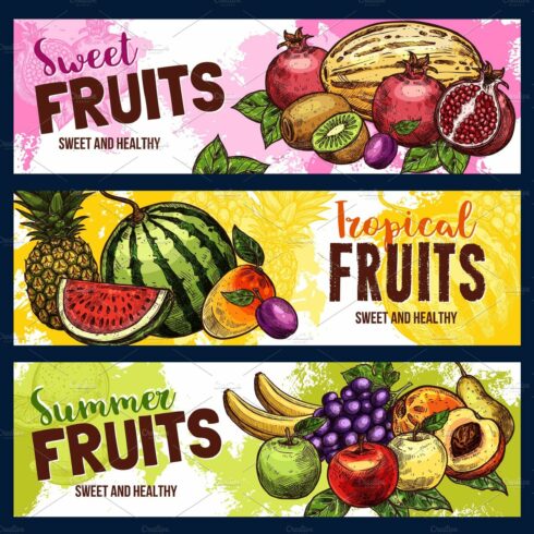 Vector sketch fruit store banners of farm fruits cover image.