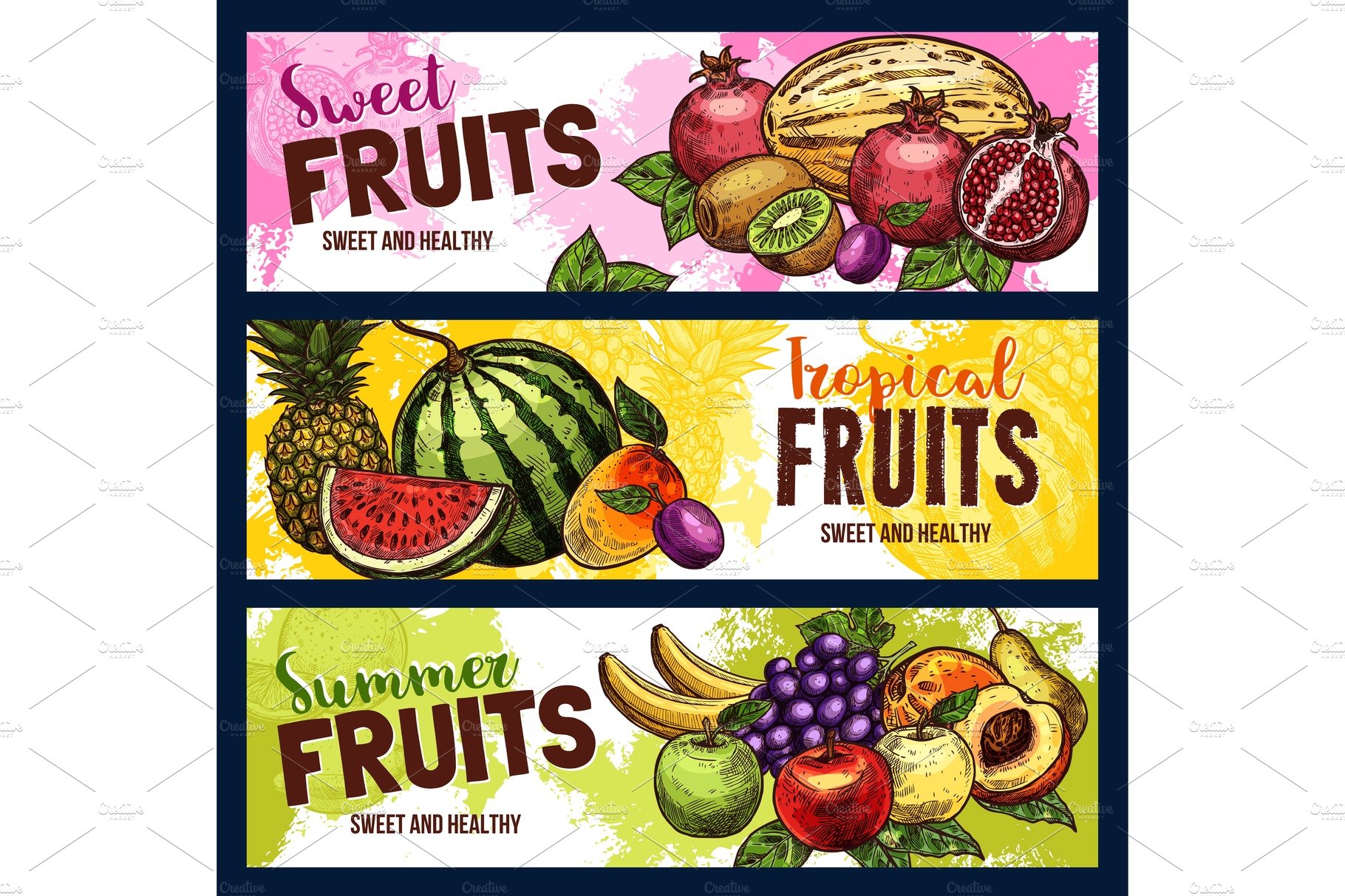 Vector sketch fruit store banners of farm fruits cover image.