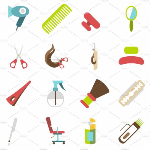 Hairdresser icons set, cartoon style cover image.