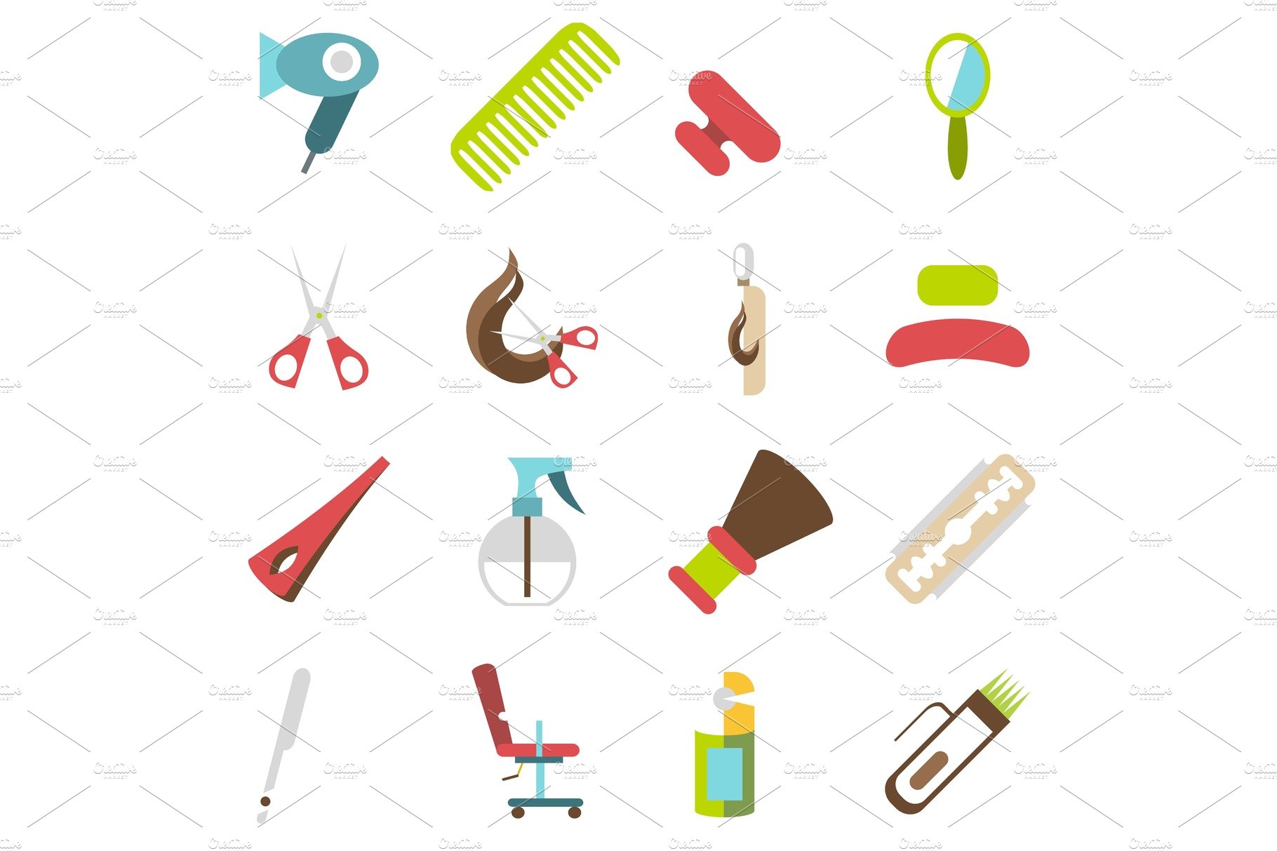 Hairdresser icons set, cartoon style cover image.