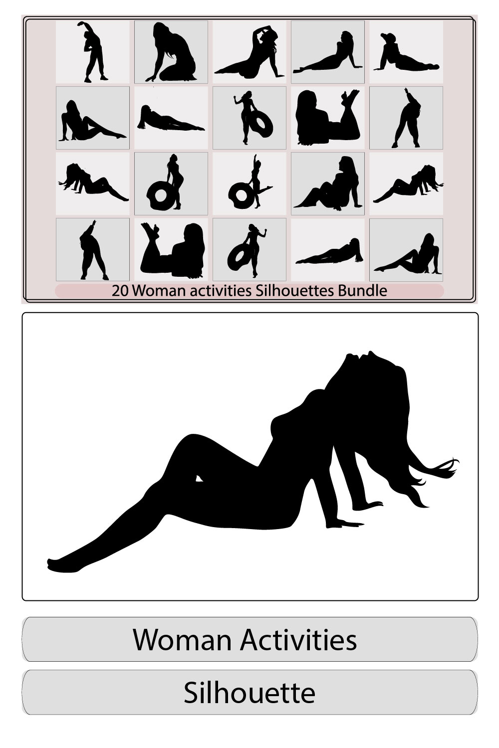 Sunny day on the beach vector silhouette,Vector illustration set of silhouette Woman enjoying summer vacation pinterest preview image.
