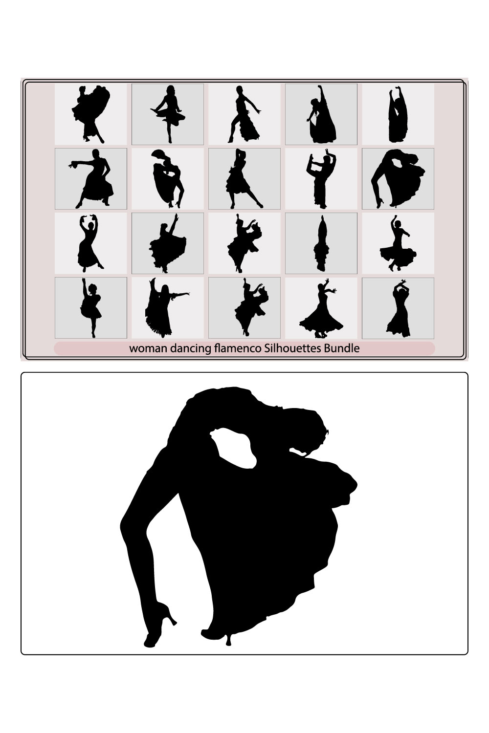 Women dancing flamenco and salsa vector silhouettes set,Vector silhouette flamenco dancer pinterest preview image.