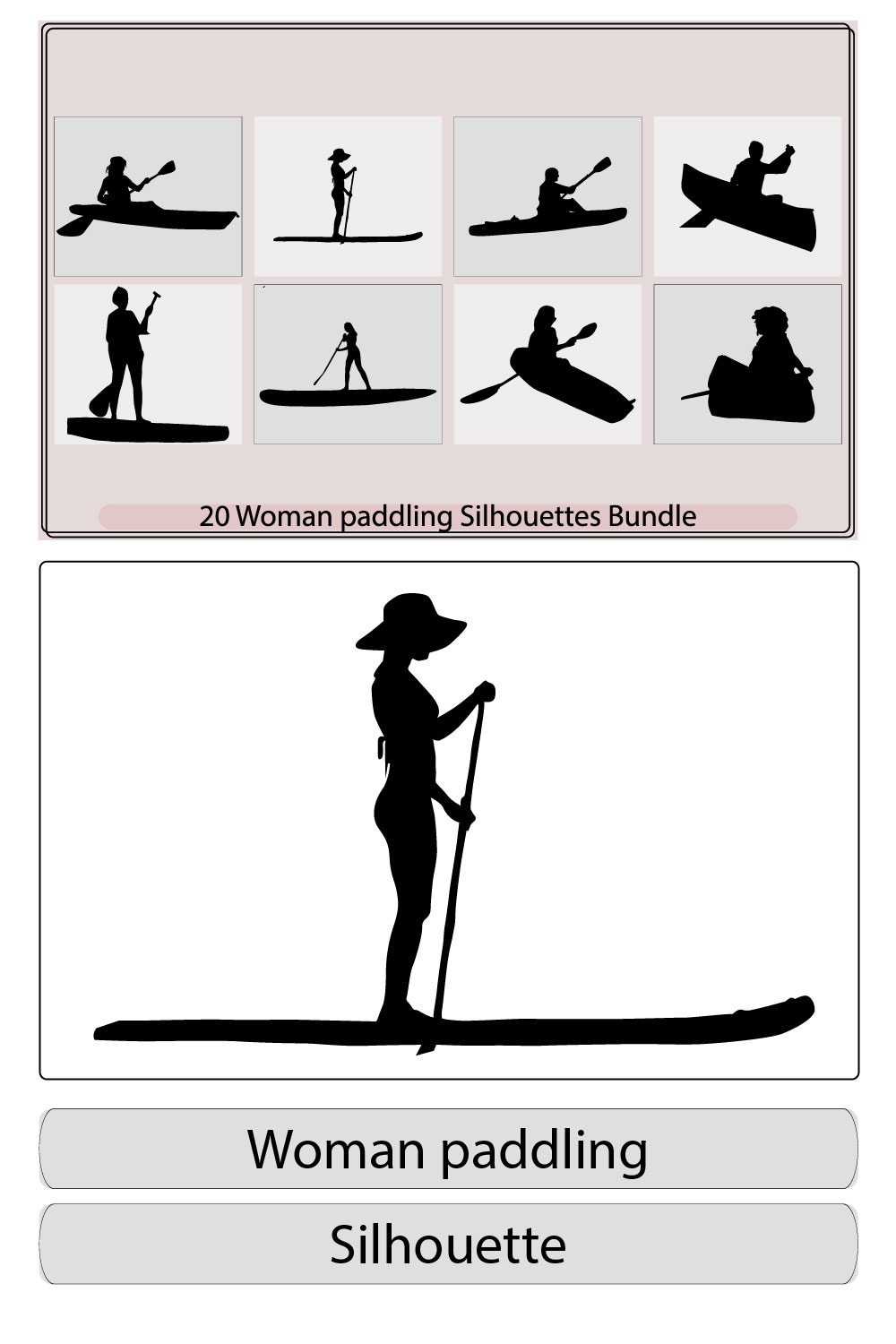 Stand Up paddle silhouette a woman is standing on a boat, Standup paddleboarding,Canoe paddle Silhouette,Woman posing with surfboard and paddle,Man and woman standing on the paddleboards pinterest preview image.