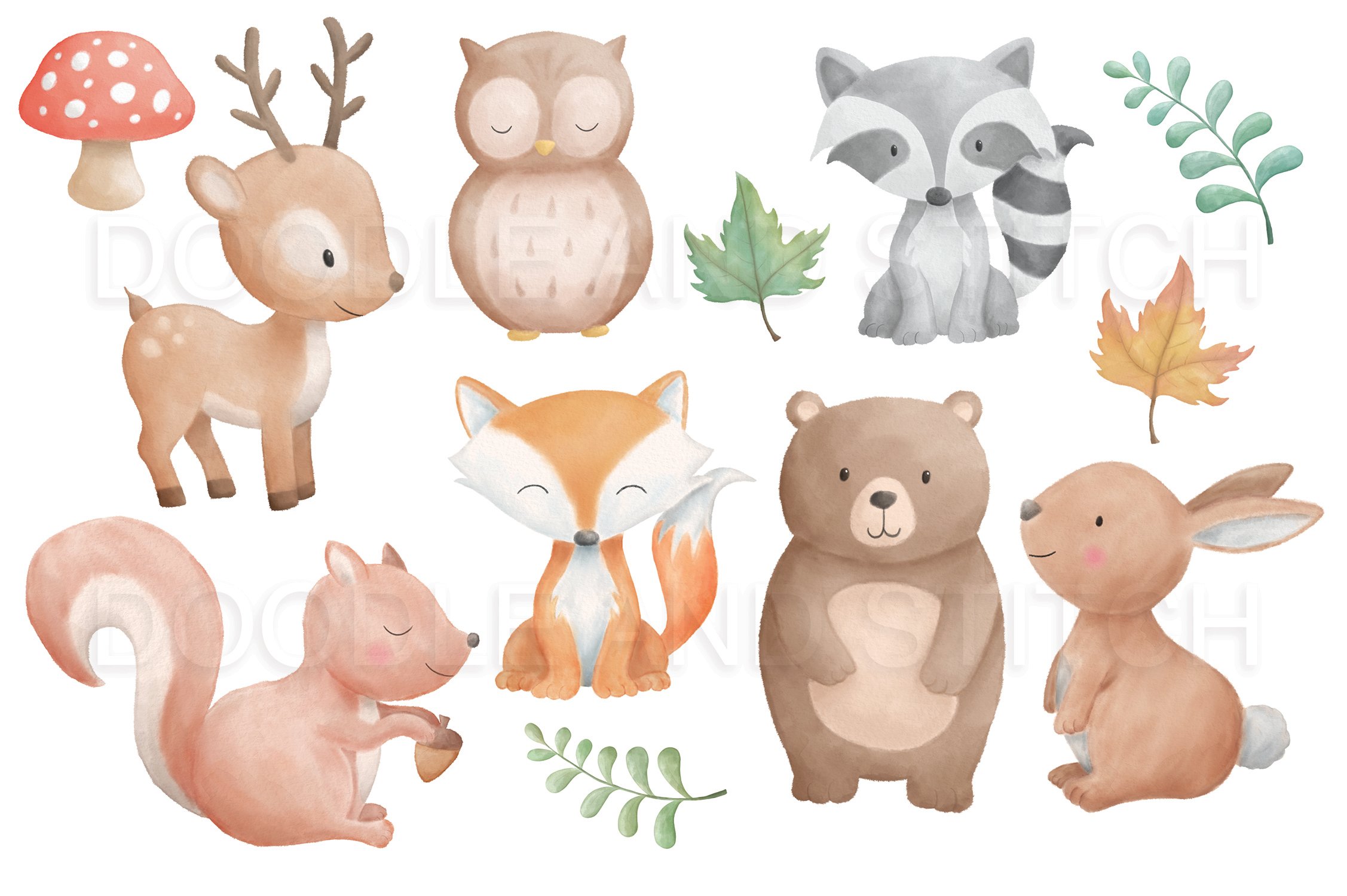 Woodland Animal Watercolor Designs preview image.