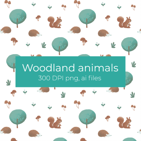 Woodland animals seamless pattern set, 5 patterns with squirrels, hedgehogs, mushrooms, trees and leaves cover image.