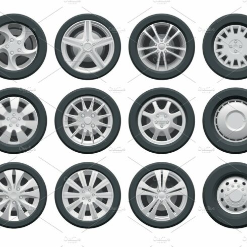 Vector car wheels set for design Auto service shop. Rims flat collection on... cover image.