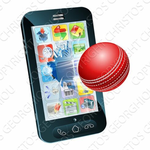 Cricket ball flying out of mobile phone cover image.