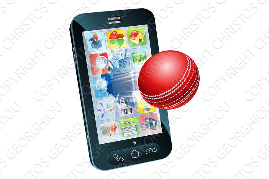 Cricket ball flying out of mobile phone cover image.