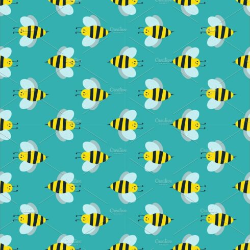 Cartoon sweet yellow bee summer worker bug hand drawn seamless pattern hone... cover image.