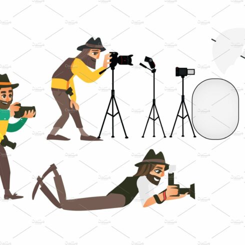 vector cartoon photographers and equipment set cover image.