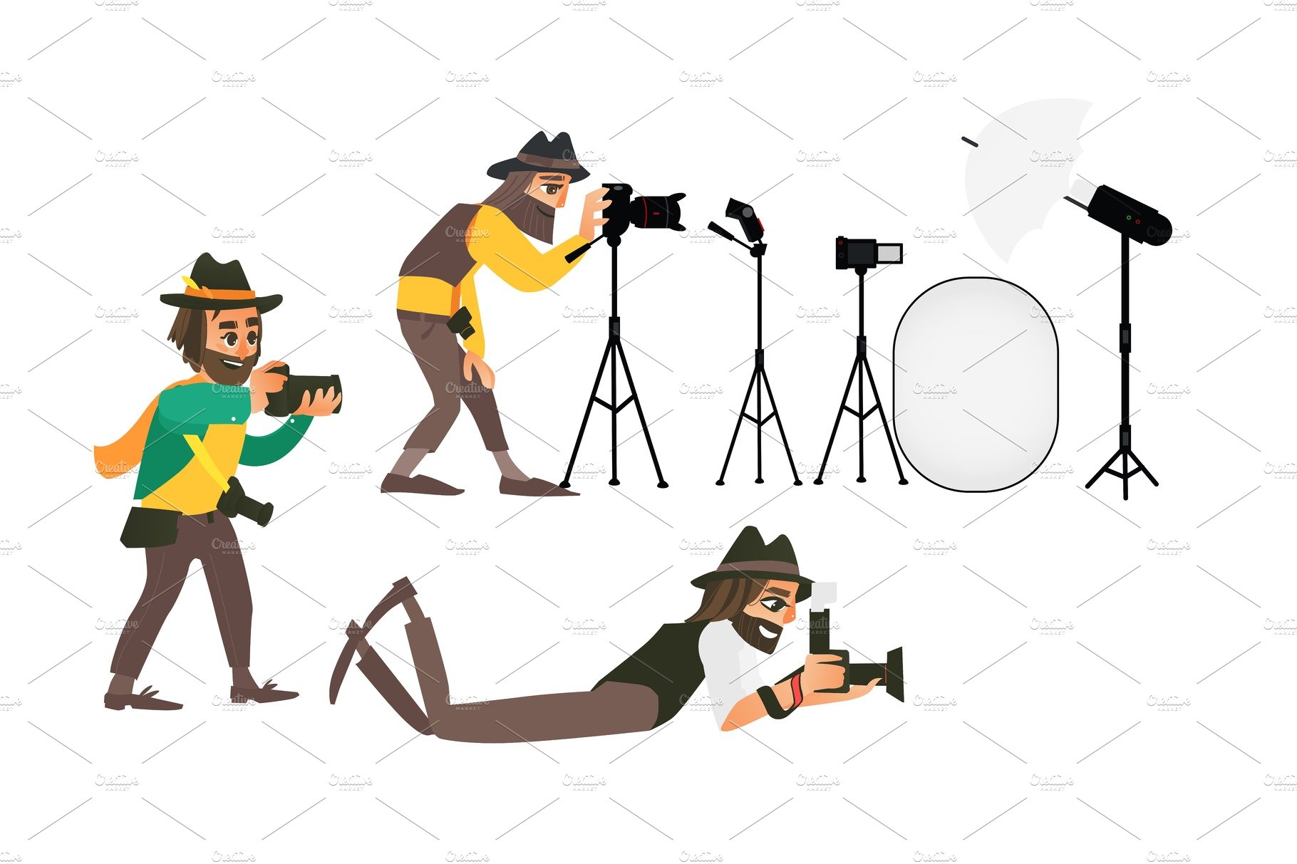 vector cartoon photographers and equipment set cover image.