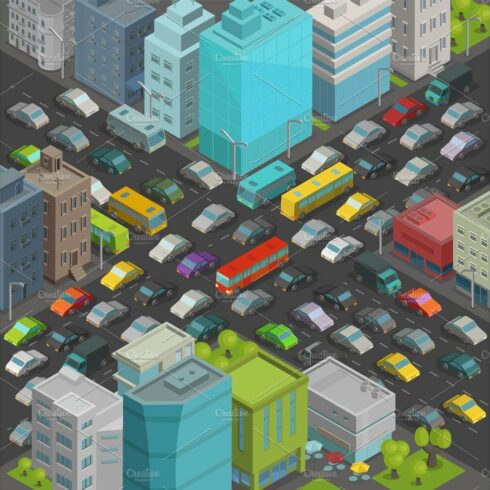 City street Intersection traffic jams road Isometric projection view. A lot... cover image.