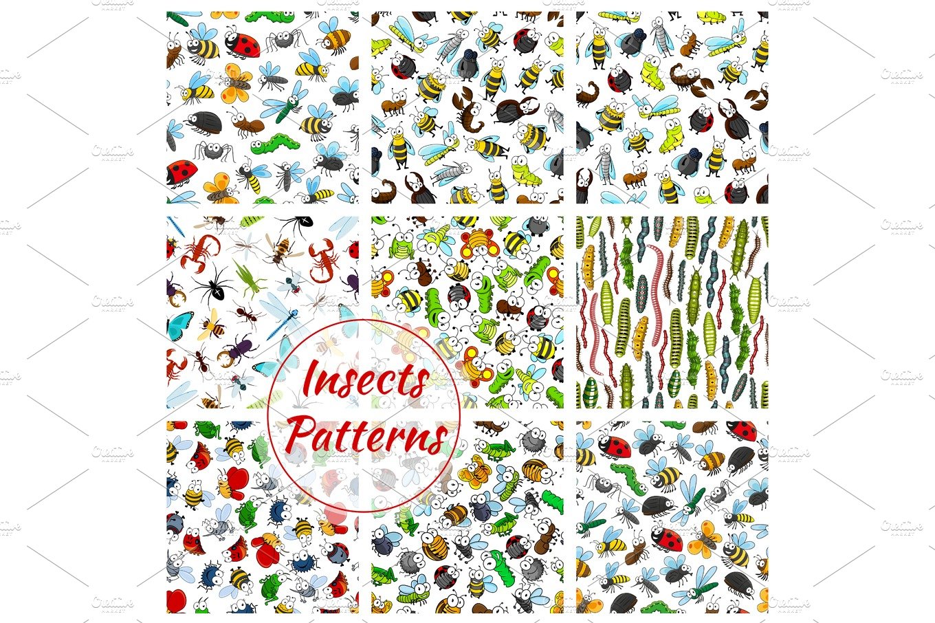 Cartoon insects and bugs seamless pattern cover image.