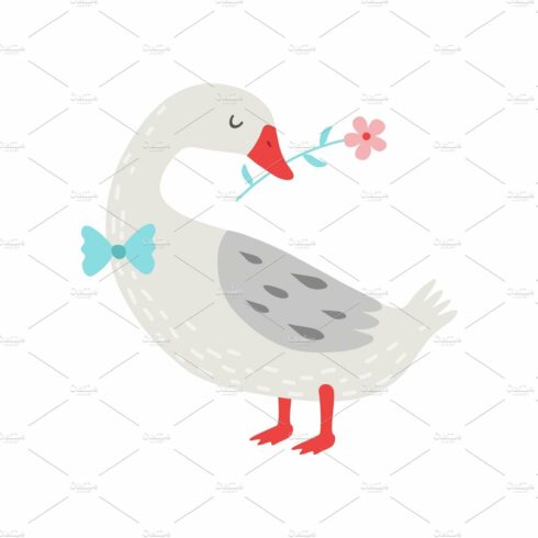 Cute White Goose Holding Flower in cover image.