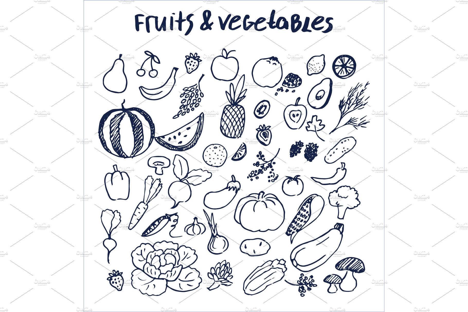 Fruits and Vegetables Set of Hand Drawn Elements cover image.
