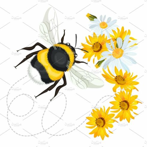 Bumblebee leaves trace swirled line on background with flowers cover image.