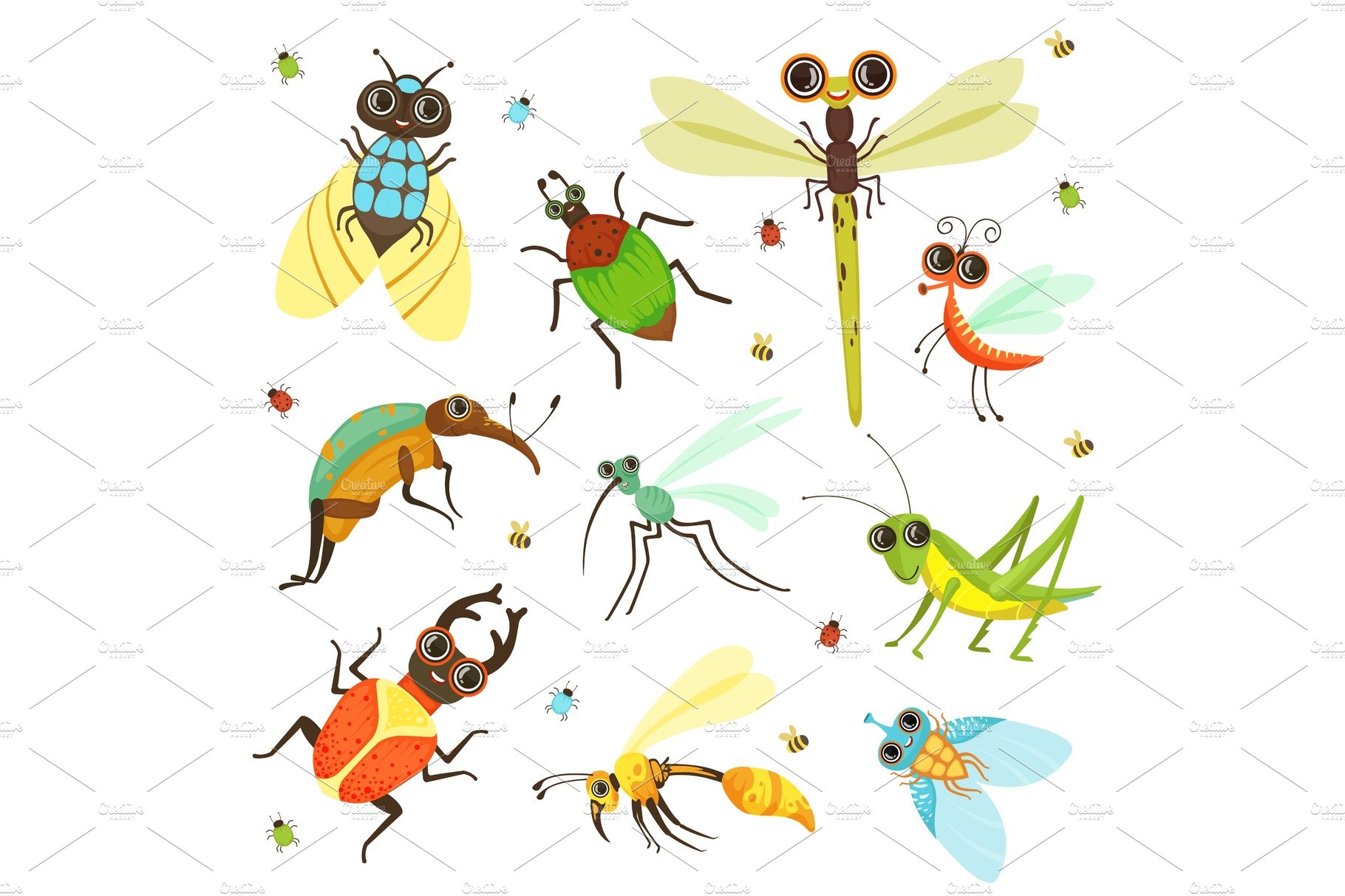 Bugs, butterfly and other insects in cartoon style cover image.