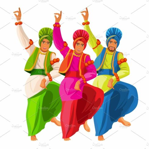Bhangra dancers in national cloth vector illustration isolated on white. cover image.